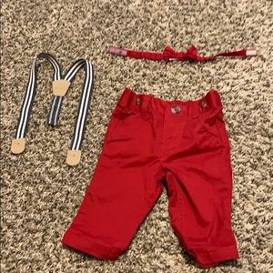 Red pants, overalls, and red bow tie!